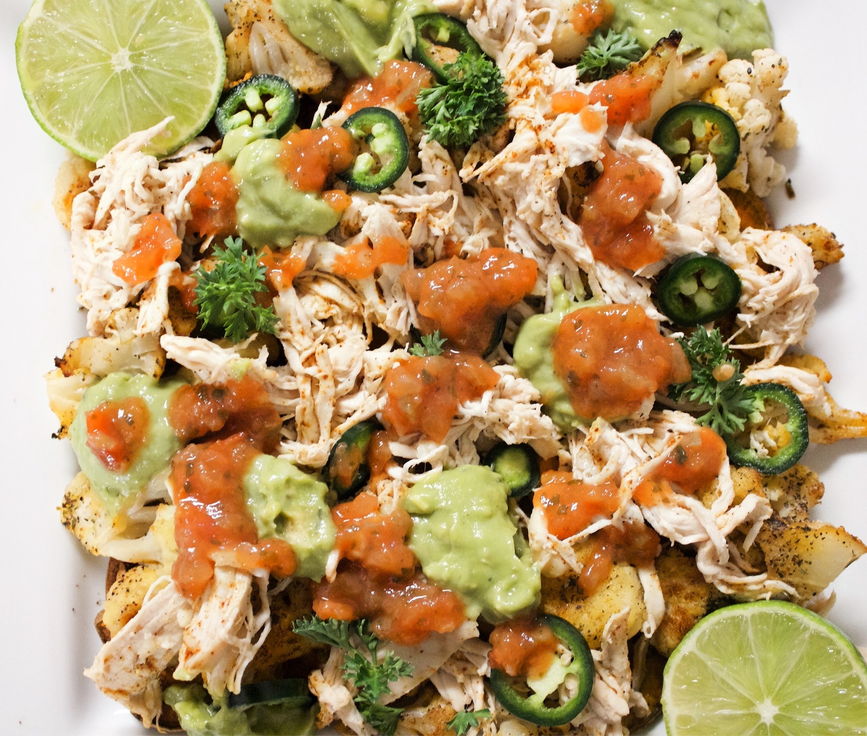 Cauliflower and Sweet Potato Nachos with Pulled Chicken - MetabolicLiving