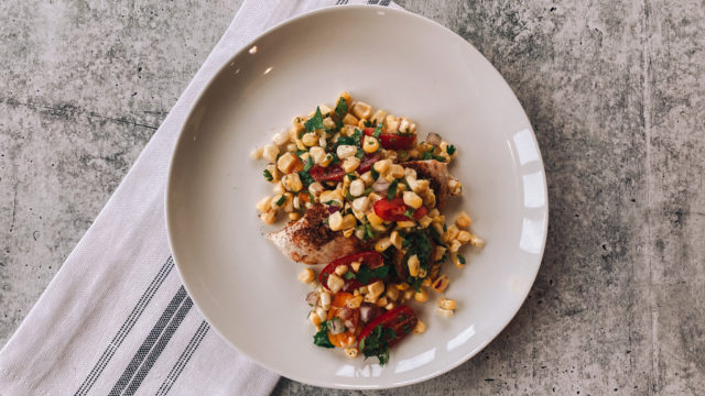 Dry Rubbed Chicken with Fire Roasted Corn and Tomato Relish