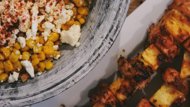 BBQ Chicken Kabobs with Corn, Feta and Walnut Salad