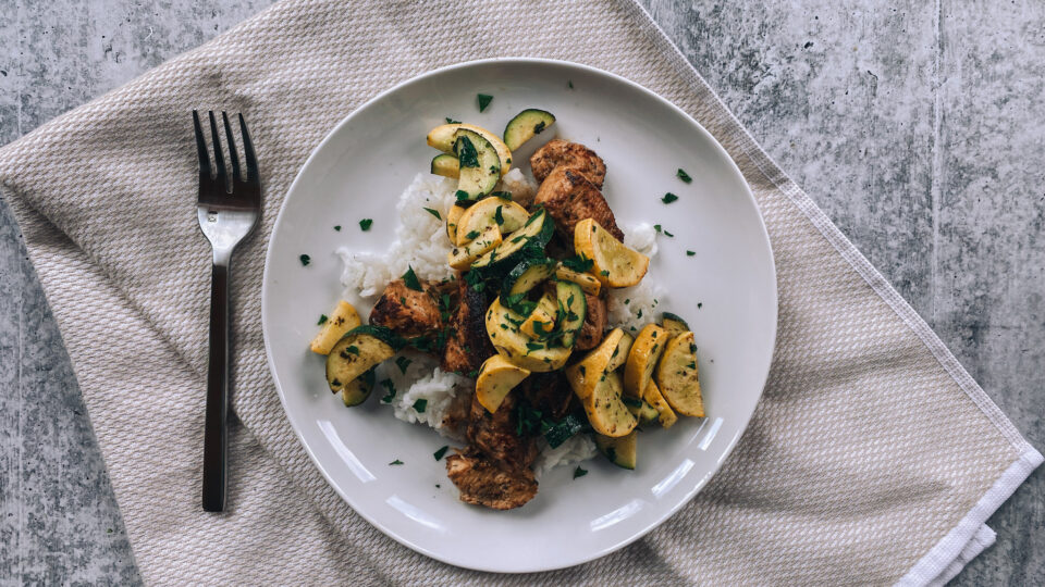 Chicken and Zucchini Sauté with Balsamic Tahini