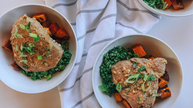Simple Tuna Steak Bowl with Sweet Potatoes and Broccoli Rice