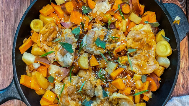 One-Pan Apricot Glazed Chicken and Roasted Root Vegetables