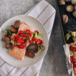 Tomato and Shallot Roasted Salmon with Brussels Sprouts and Purple Potatoes