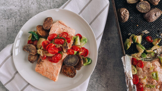 Tomato and Shallot Roasted Salmon with Brussels Sprouts and Purple Potatoes