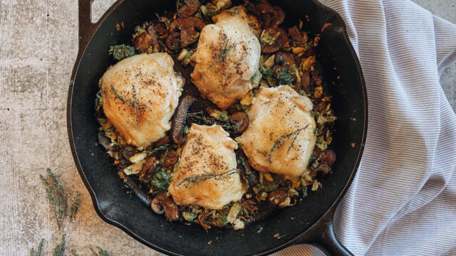 Chicken Skillet with Crispy Mushrooms and Brussels Sprouts