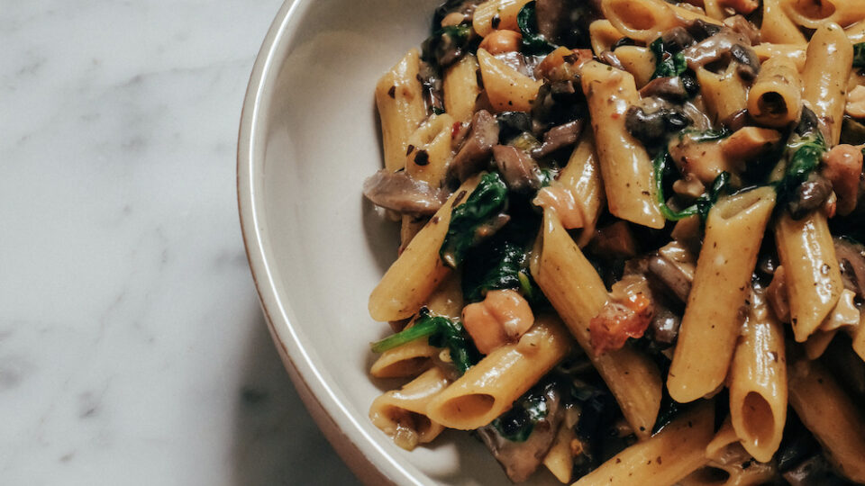 Vegan Chickpea Penne with Mushrooms and Spinach