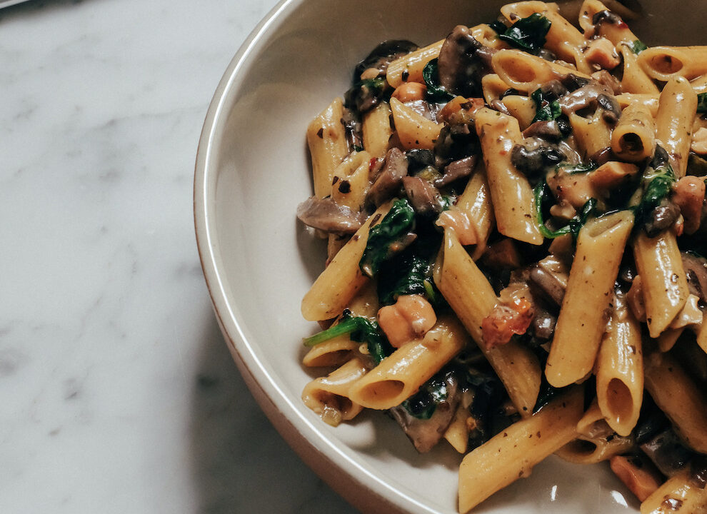 Vegan Chickpea Penne with Mushrooms and Spinach